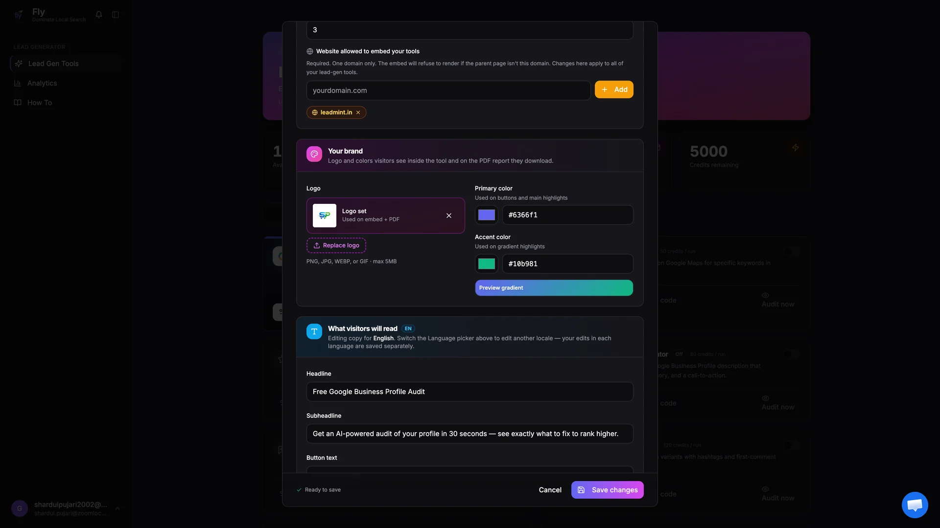 Brand section of the Configure dialog with logo upload and color pickers