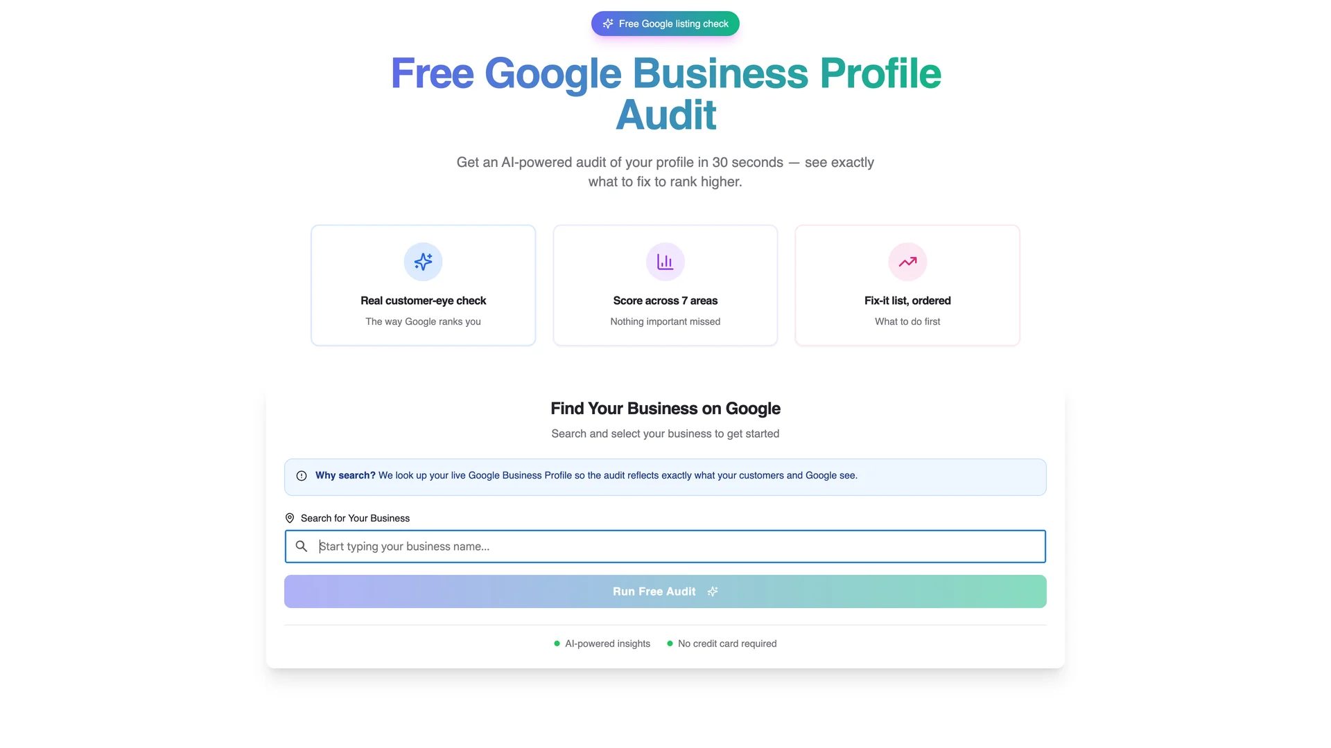 The embedded audit tool with headline, benefit cards, and search box